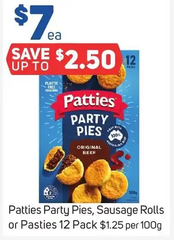Foodland Patties Party Pies, Sausage Rolls or Pasties 12 Pack offer