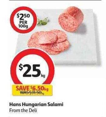 Coles Hans Hungarian Salami per kg offer