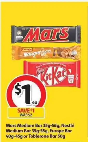 Coles Mars Medium Bar 35g-56g, Nestle Medium Bar 35g-55g, Europe Bar 40g-45g or Toblerone Bar 50g offer