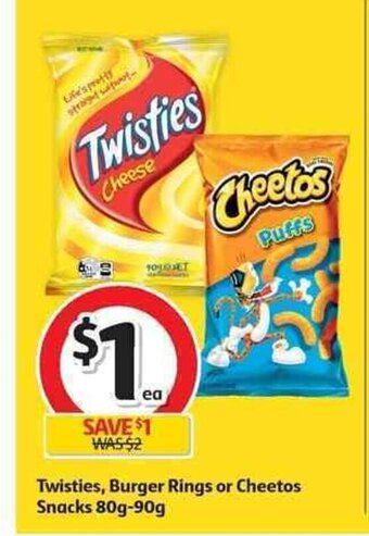 Coles Twisties, Burger Rings or Cheetos Snacks 80g-90g offer
