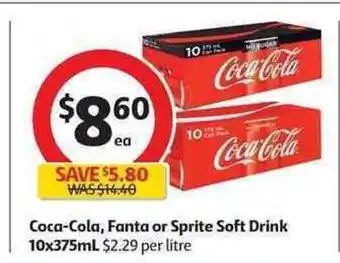 Coles Coca-Cola , Fanta or Sprite Soft Drink 10 x 375mL offer