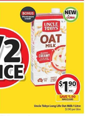 Coles Uncle Tobys Long Life Oat Milk 1 Litre offer
