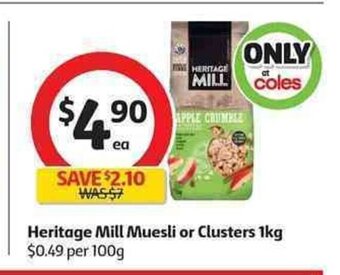 Coles Heritage Mill Muesli or Clusters 1kg offer