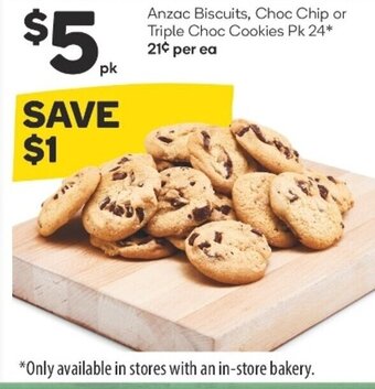 Woolworths Anzac Biscuits, Choc Chip or Triple Choc Cookies Pk 24 offer