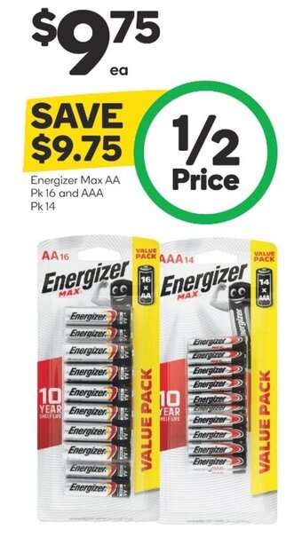 Woolworths Energizer Max AA Pk 16 and AAA Pk 14 offer