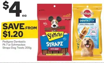 Woolworths Pedigree Dentastix Pk 7 or Schmackos Straps Dog Treats 200g offer