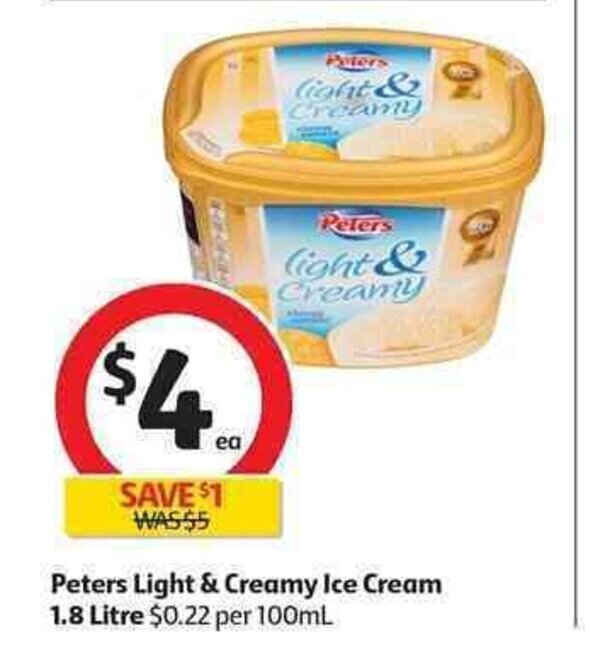Peters Light & Creamy Ice Cream 1.8 Litre offer at Coles