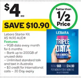 Woolworths Lebara Starter Kit XS 14,90 AUD# offer