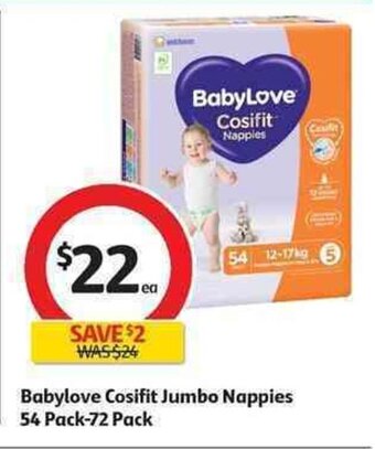 Coles Babylove Cosifit Jumbo Nappies 54 Pack - 72 Pack offer
