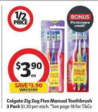 Coles Colgate Zig Zag Flex Manual Toothbrush 3 Pack offer