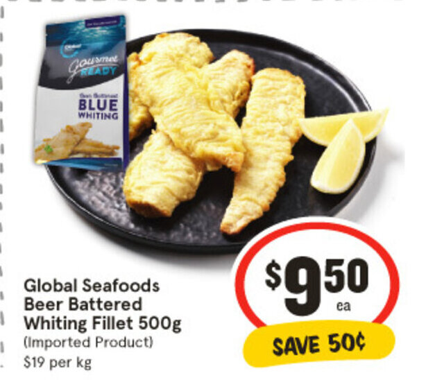 Global Seafoods Beer Battered Whiting Fillet 500g offer at IGA