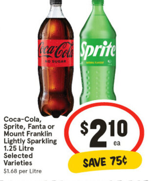 IGA Coca-Cola, Sprite, Fanta or Mount Franklin Lightly Sparkling 1.25 Litre Selected Varieties offer