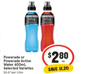 IGA Powerade or Powerade Active Water 600mL Selected Varieties offer