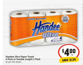 IGA Handee Ultra Paper Towel 4 Pack or Double Length 2 Pack offer