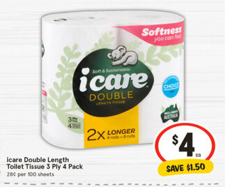 IGA icare Double Length Toilet Tissue 3 Ply 4 Pack offer
