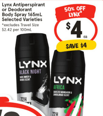 IGA Lynx Antiperspirant or Deodorant Body Spray 165mL Selected Varieties offer