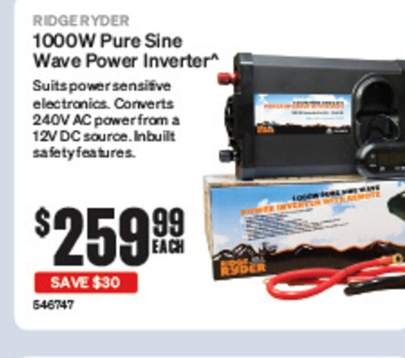 RIDGERYDER 1000W Pure Sine Wave Power Inverter* offer at SuperCheap Auto