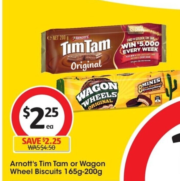 Arnott's Tim Tam or Wagon Wheel Biscuits 165g200g offer at Coles