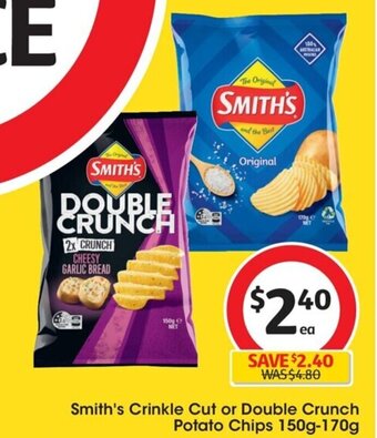 Coles Smith's Crinkle Cut or Double Crunch Potato Chips 150g-170g offer