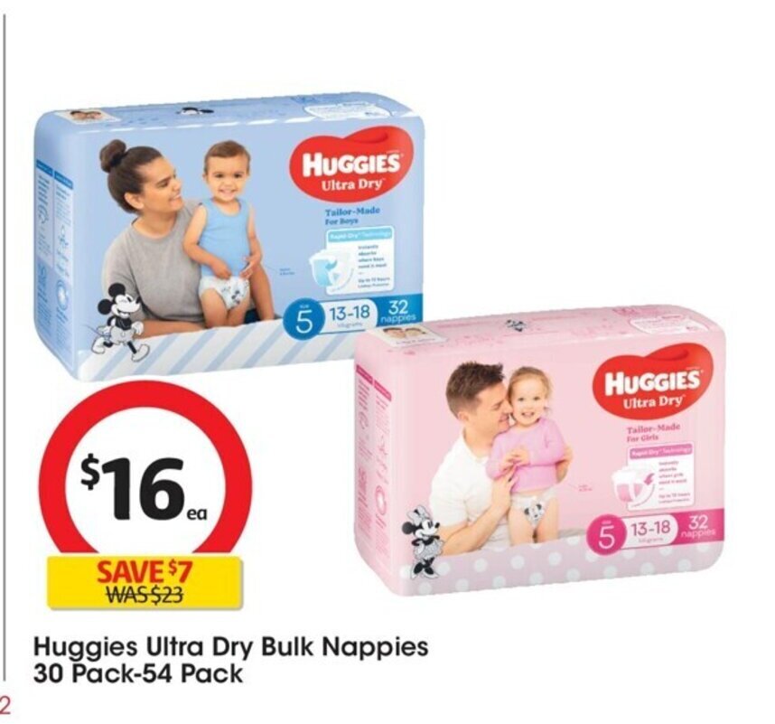 Huggies Ultra Dry Bulk Nappies 30 Pack54 Pack offer at Coles