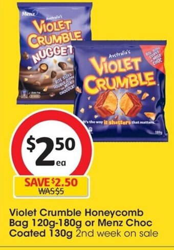 Coles Violet Crumble Honeycomb Bag 120g-180g or Menz Choc Coated 130g offer