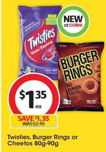 Coles Twisties, Burger Rings or Cheetos 80g-90g offer