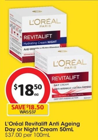 Coles L'Oréal Revitalift Anti Ageing Day or Night Cream 50mL offer