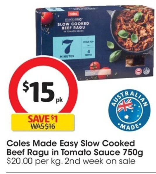 Coles Made Easy Slow Cooked Beef Ragu in Tomato Sauce 750g offer at Coles