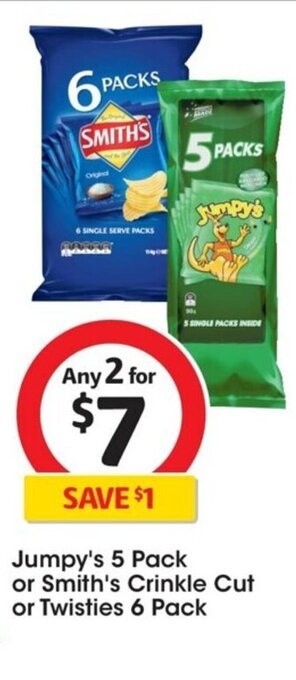 Coles Jumpy's 5 Pack or Smith's Crinkle Cut or Twisties 6 Pack offer