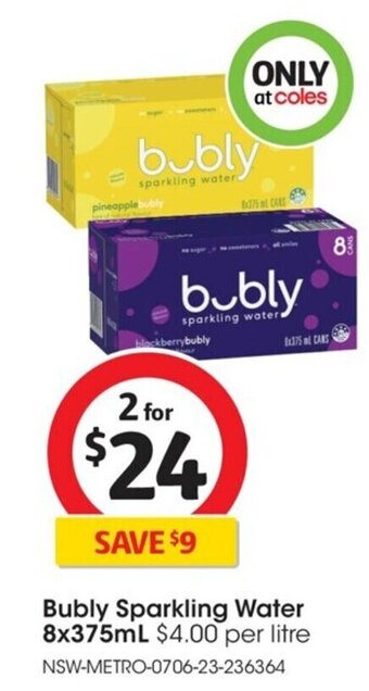 Coles Bubly Sparkling Water 8x375mL offer