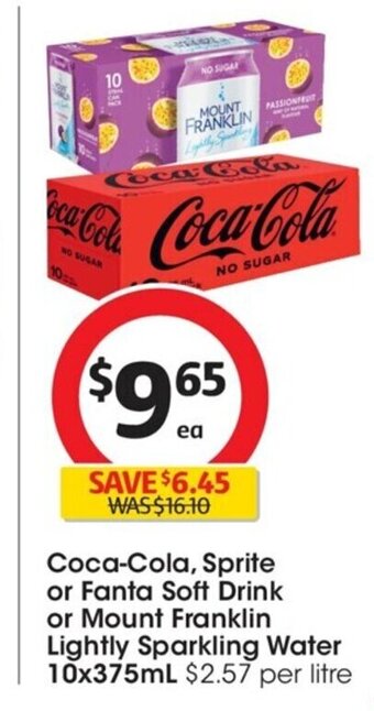 Coles Coca-Cola, Sprite or Fanta Soft Drink or Mount Franklin Lightly Sparkling Water 10x375mL offer