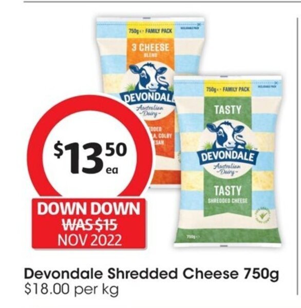 Devondale Shredded Cheese 750g offer at Coles