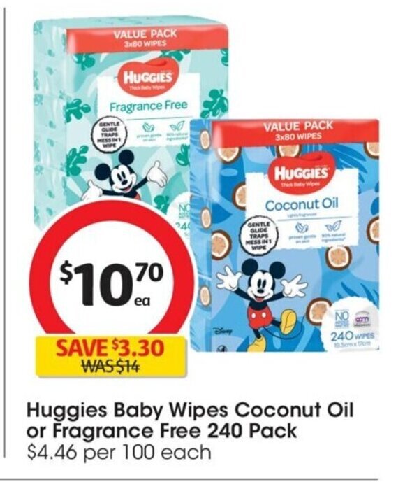 Huggies Baby Wipes Coconut Oil or Fragrance Free 240 Pack offer at Coles