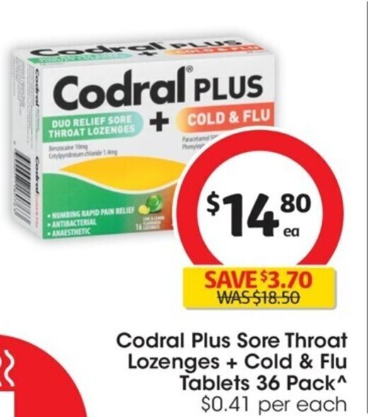 Codral Plus Sore Throat Lozenges + Cold & Flu Tablets 36 Pack offer at