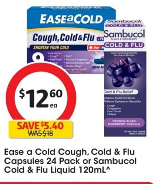 Ease a Cold Cough, Cold & Flu Capsules 24 Pack or Sambucol Cold & Flu