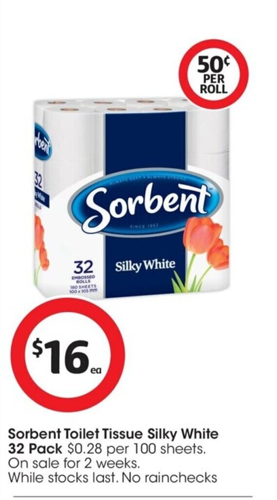 Sorbent Toilet Tissue Silky White 32 Pack offer at Coles