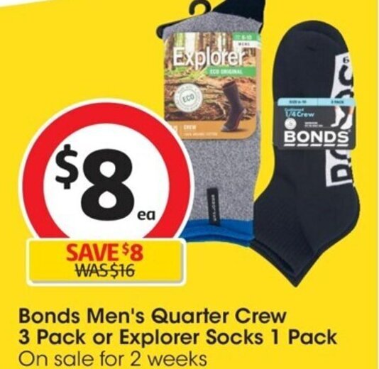 Bonds Men's Quarter Crew 3 Pack or Explorer Socks 1 Pack offer at Coles
