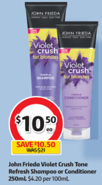 Coles John Frieda Violet Crush Tone Refresh Shampoo or Conditioner 250mL offer