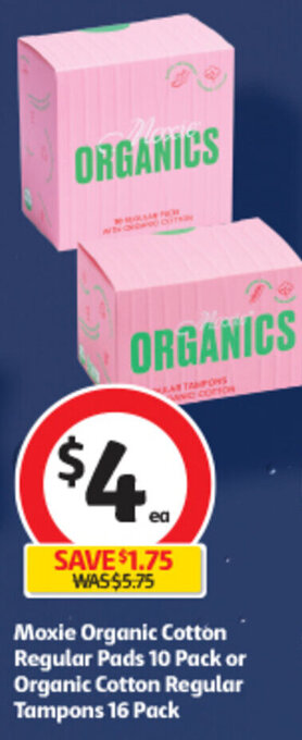 Coles Moxie Organic Cotton Regular Pads 10 Pack or Organic Cotton Regular Tampons 16 Pack offer