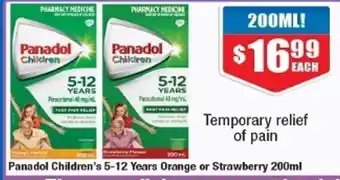 Chemist Warehouse Panadol Children's 5-12 Years Orange or Strawberry 200ml offer