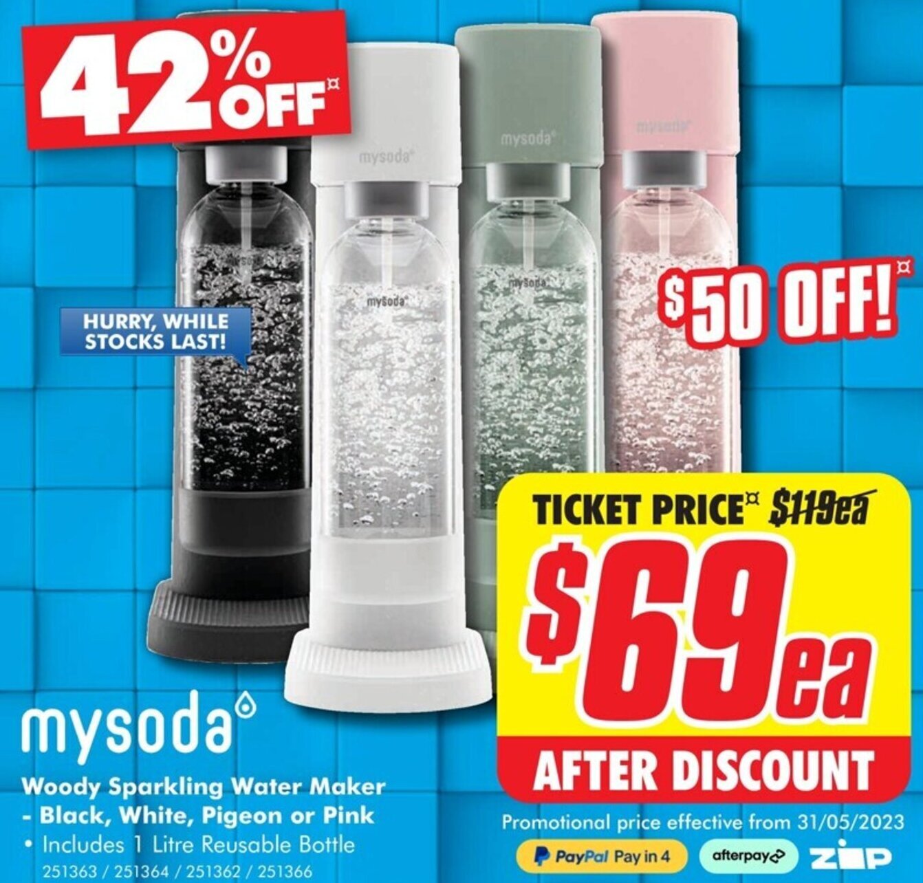 mysoda Woody Sparkling Water Maker Black, White, Pigeon or Pink offer