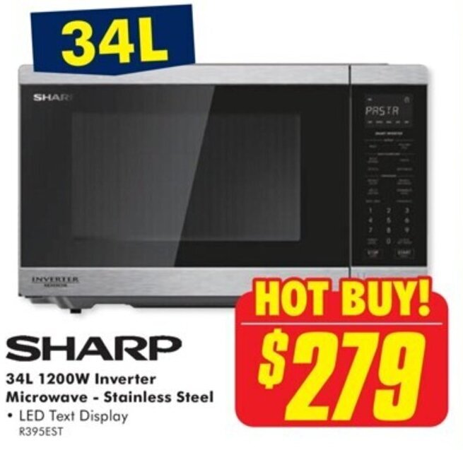 SHARP 34L 1200W Inverter Microwave Stainless Steel • LED Text Display offer at The Good Guys