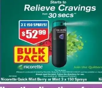 Chemist Warehouse Nicorette Quick Mist Berry or Mint 3x150 Sprays offer