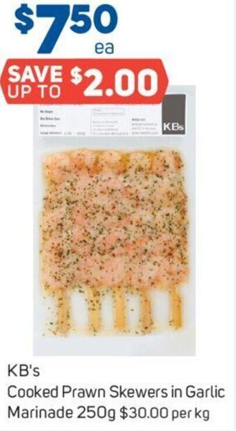 Foodland KB's Cooked Prawn Skewers in Garlic Marinade 250g offer