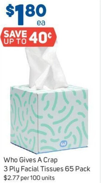 Foodland Who Gives A Crap 3 Ply Facial Tissues 65 Pack offer