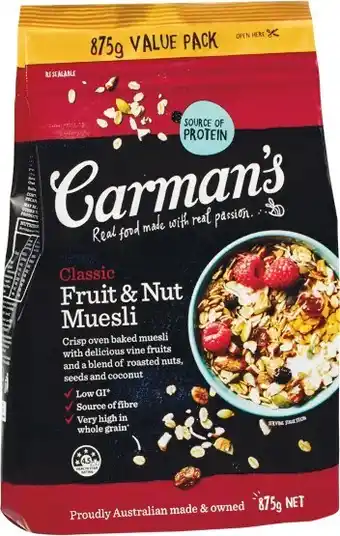 Woolworths Carmanu2019s Muesli or Oat Clusters 750-875g offer
