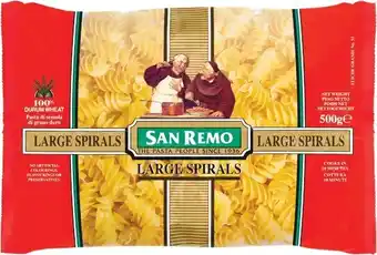 Woolworths San Remo Large Spiral Pasta 500g offer