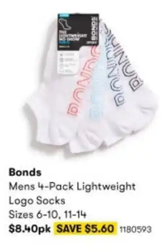 Bonds Mens 4-Pack Lightweight Logo Socks 6-10, 11-14