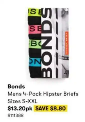 BIG W Bonds Mens 4-Pack Hipster Briefs S-XXL offer