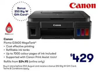 BIG W Canon Pixima G3600 Megatank offer